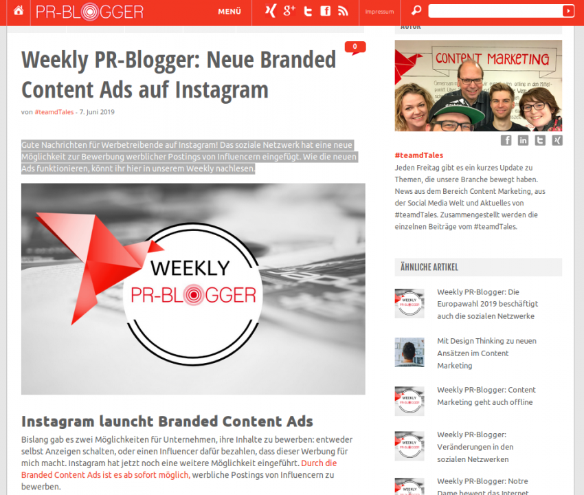 Weekly PR-Blogger: Neue Branded Content Ads auf Instagram