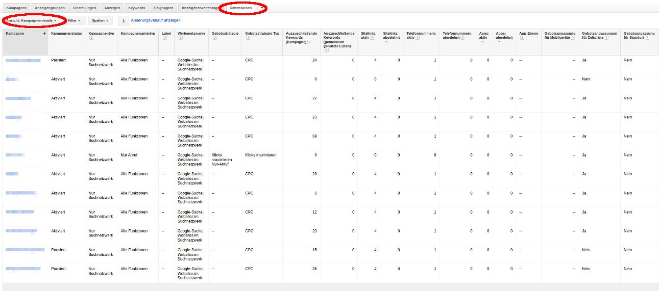 AdWords Kampagnendetails