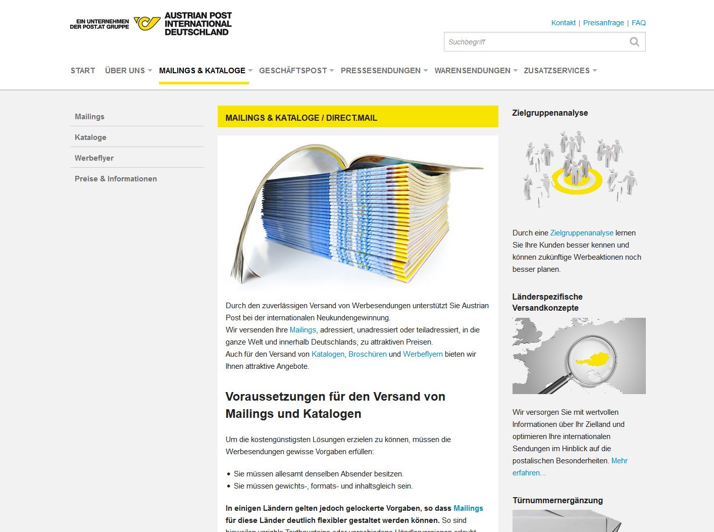 Die Unterseiten präsentieren gut strukturierte Inhalte, in der linken Spalte wird eine Hilfsnavigation hinzugefügt. Über die rechte Spalte können durch Teaser effektiv passende Zusatzservices des Postdienstleisters beworben werden. Die Unterseiten präsentieren gut strukturierte Inhalte, in der linken Spalte wird eine Hilfsnavigation hinzugefügt. Über die rechte Spalte können durch Teaser effektiv passende Zusatzservices des Postdienstleisters beworben werden.