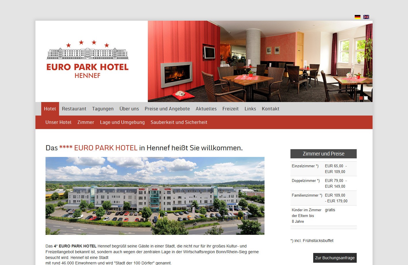 Bilder, die das Hotel von innen und außen zeigen dominieren die Startseite. Das Farbschema der Webseite orientiert sich am Logo des Unternehmens.