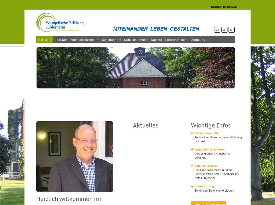 Übersichtlich gestaltet mit Fokus auf Bildern, um den Besucher gleich persönlich anzusprechen. Zusätzlich finden sich am rechten oberen Bildrand Buttons, mit denen sich die Texte bei bedarf vergrößern und wieder verkleinern lassen. Übersichtlich gestaltet mit Fokus auf Bildern, um den Besucher gleich persönlich anzusprechen. Zusätzlich finden sich am rechten oberen Bildrand Buttons, mit denen sich die Texte bei bedarf vergrößern und wieder verkleinern lassen.